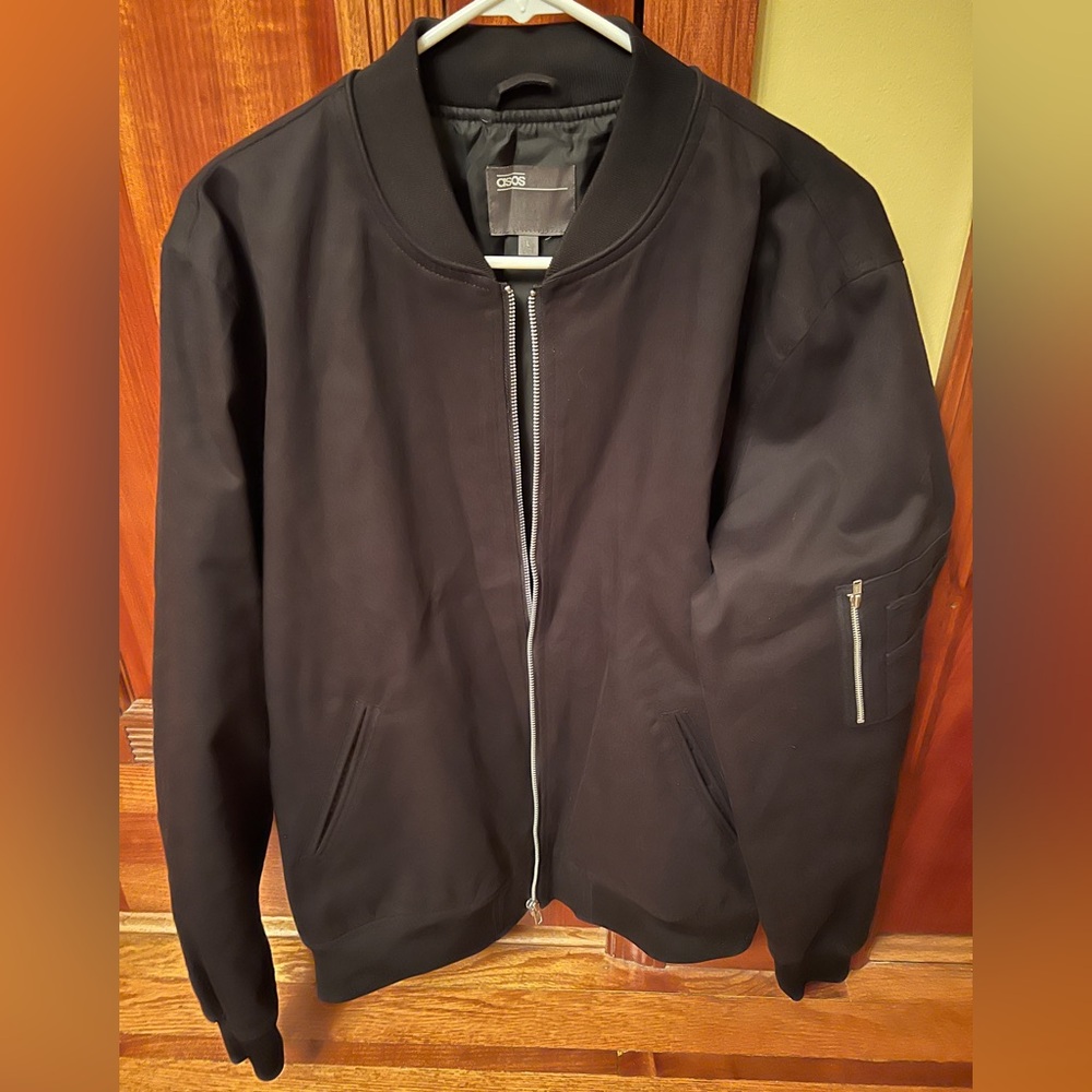 ASOS Black Full Zip Lined Cotton Polyester Bomber Jacket Men's Large